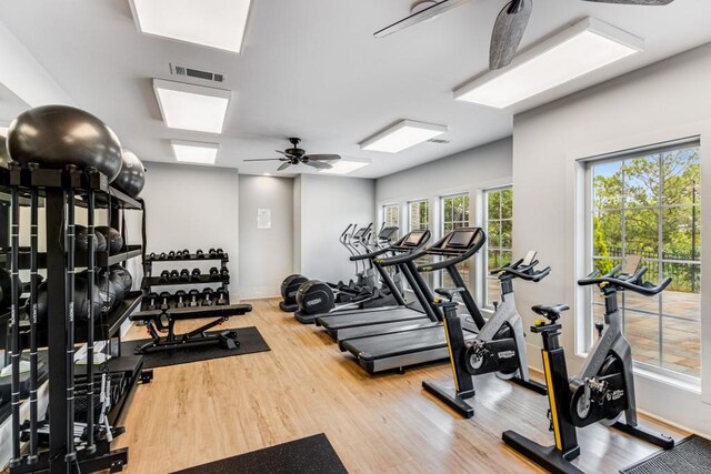 exercise room with a ceiling fan, visible vents, and wood finished floors