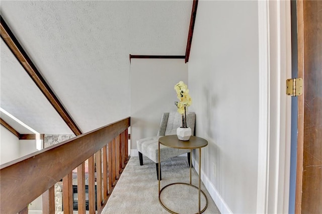 hall with baseboards, a textured ceiling, and carpet flooring