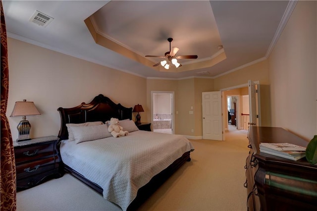 1622 Rivergreen Bnd SE Unit 26, Atlanta, GA 30339 - bedroom with a raised ceiling, light carpet, ornamental molding, ensuite bath, and ceiling fan