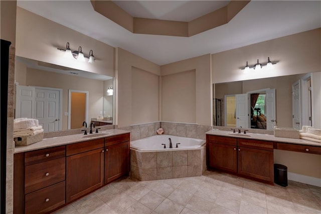 1622 Rivergreen Bnd SE Unit 26, Atlanta, GA 30339 - bathroom with a bath, two vanities, tile patterned flooring, and a shower stall