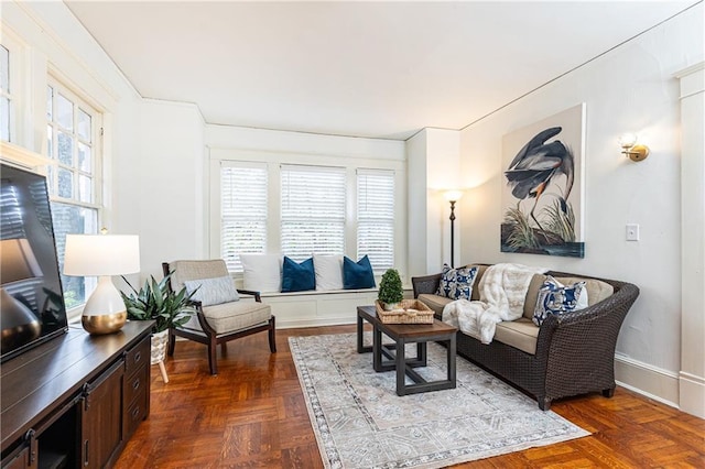 living room with dark parquet floors