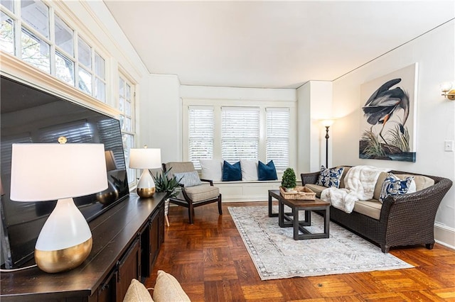 living room with dark parquet flooring