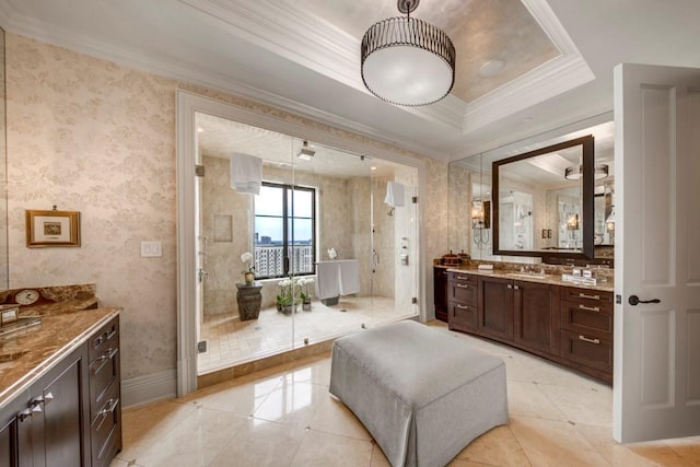 bathroom featuring a raised ceiling, a shower with shower door, crown molding, and vanity