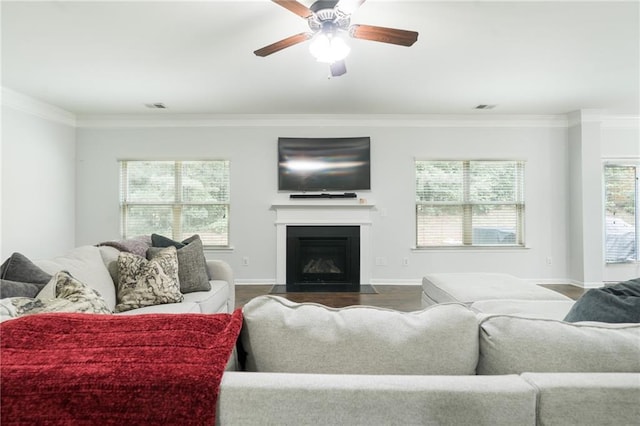 60 Copeland Trce, Dallas, GA 30157 - living area with ornamental molding, ceiling fan, a fireplace with flush hearth, baseboards, and wood finished floors