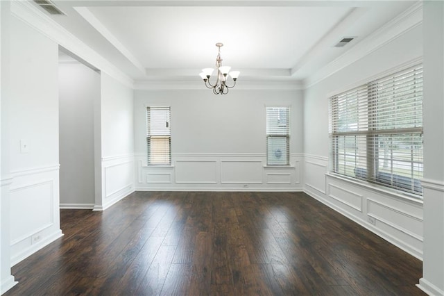 60 Copeland Trce, Dallas, GA 30157 - unfurnished dining area featuring a chandelier, a tray ceiling, dark wood-type flooring, a decorative wall, and wainscoting