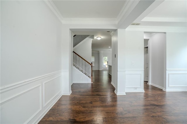 60 Copeland Trce, Dallas, GA 30157 - corridor featuring stairway, crown molding, a decorative wall, wood finished floors, and wainscoting