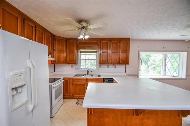 3223 Heritage Way, Buford, GA 30519 - kitchen featuring white appliances, a ceiling fan, brown cabinets, light countertops, and a sink