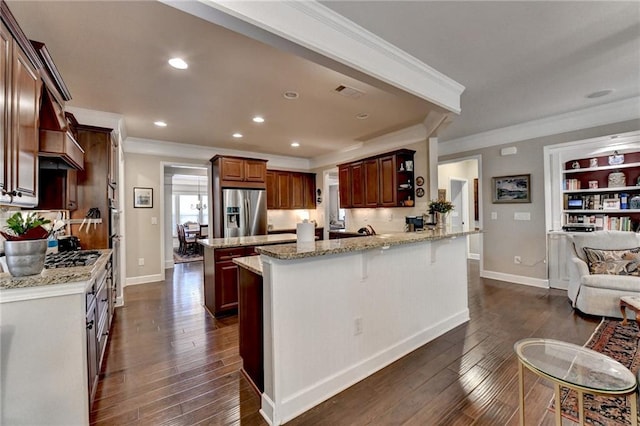 kitchen with a peninsula, crown molding, stainless steel refrigerator with ice dispenser, and dark wood-style flooring