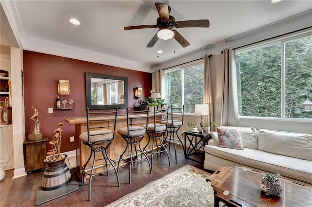 bar featuring ceiling fan, wood finished floors, baseboards, a bar, and crown molding