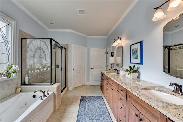 bathroom with crown molding, a sink, a shower stall, and a whirlpool tub