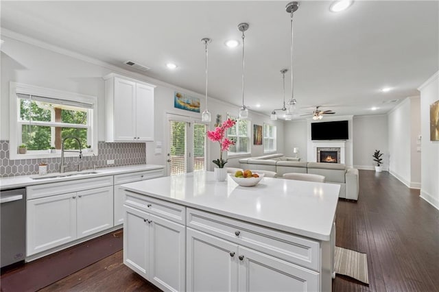 5545 Adirondack Dr, Cumming, GA 30040 - kitchen with crown molding, stainless steel dishwasher, a ceiling fan, a lit fireplace, and recessed lighting