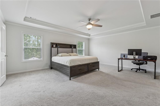 5545 Adirondack Dr, Cumming, GA 30040 - carpeted bedroom featuring a raised ceiling, crown molding, a desk, and ceiling fan