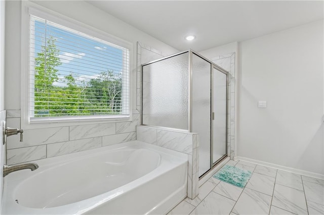 5545 Adirondack Dr, Cumming, GA 30040 - full bath featuring a garden tub, a shower stall, and marble finish flooring