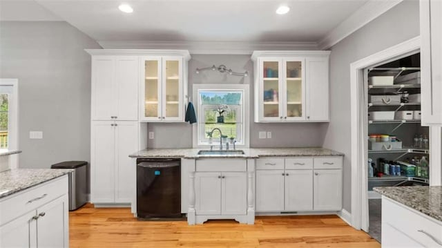 745 Pleasant Valley Rd, Silver Creek, GA 30173 - kitchen featuring black dishwasher, a sink, white cabinets, light wood-type flooring, and recessed lighting