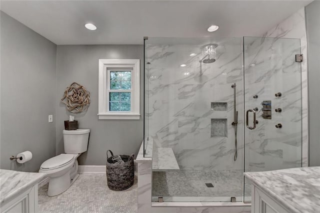 5475 Trowbridge Dr, Dunwoody, GA 30338 - full bathroom with toilet, recessed lighting, a marble finish shower, and vanity
