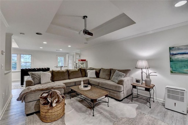 5475 Trowbridge Dr, Dunwoody, GA 30338 - living area featuring recessed lighting, light wood-style flooring, a raised ceiling, and baseboards