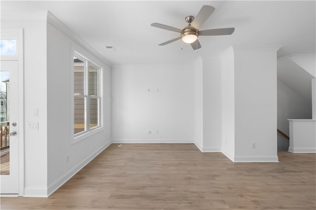 3167 Moor View Rd Unit 35, Duluth, GA 30096 - interior space with crown molding, visible vents, light wood-style floors, baseboards, and ceiling fan