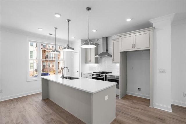 3167 Moor View Rd Unit 35, Duluth, GA 30096 - kitchen featuring an island with sink, wall chimney exhaust hood, a sink, backsplash, and stainless steel appliances