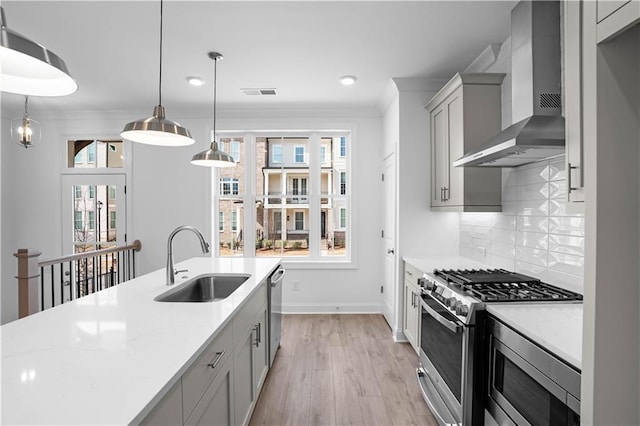 3167 Moor View Rd Unit 35, Duluth, GA 30096 - kitchen featuring wall chimney range hood, visible vents, gray cabinetry, a sink, and stainless steel appliances