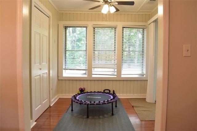 1676 Northridge Dr, Morrow, GA 30260 - playroom featuring a ceiling fan, a healthy amount of sunlight, and wood finished floors
