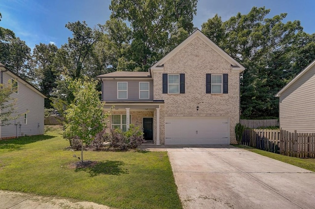 view of front facade featuring a front yard and a garage
