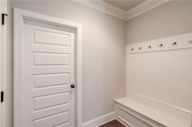 mudroom featuring dark wood-type flooring and crown molding