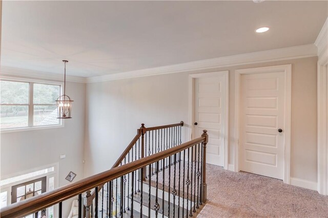 hall with light colored carpet, crown molding, and an inviting chandelier