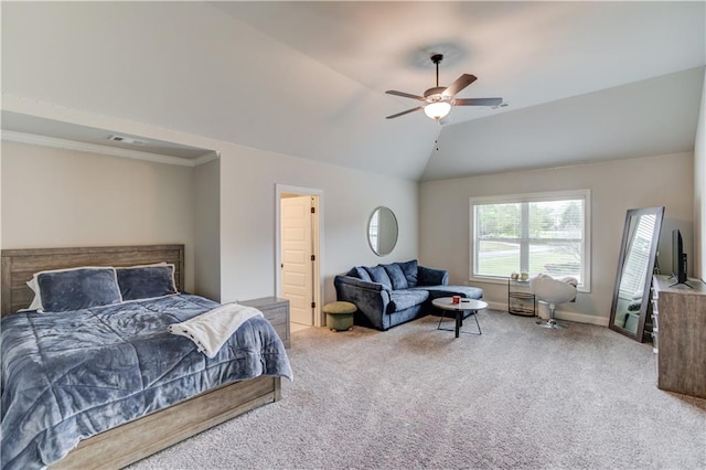 bedroom with lofted ceiling, ceiling fan, and carpet floors