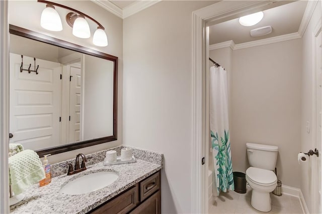 bathroom featuring toilet, vanity, tile patterned floors, and crown molding