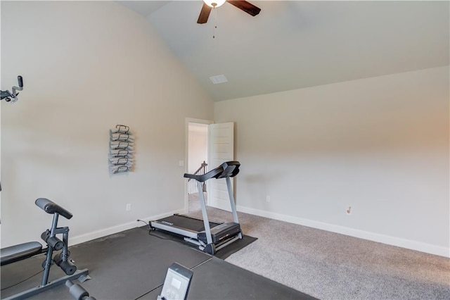 exercise area featuring high vaulted ceiling and ceiling fan