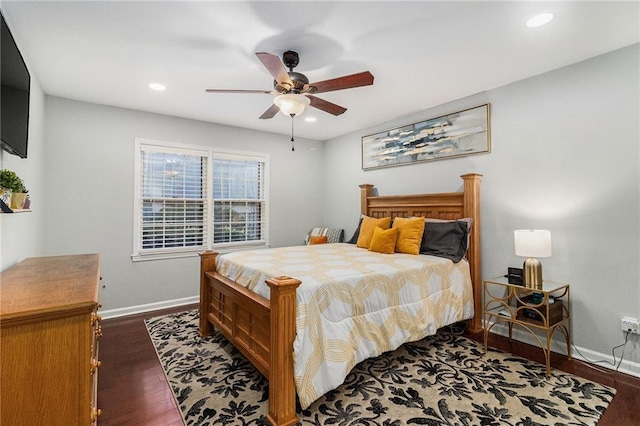 bedroom featuring recessed lighting, baseboards, a ceiling fan, and dark wood-style flooring