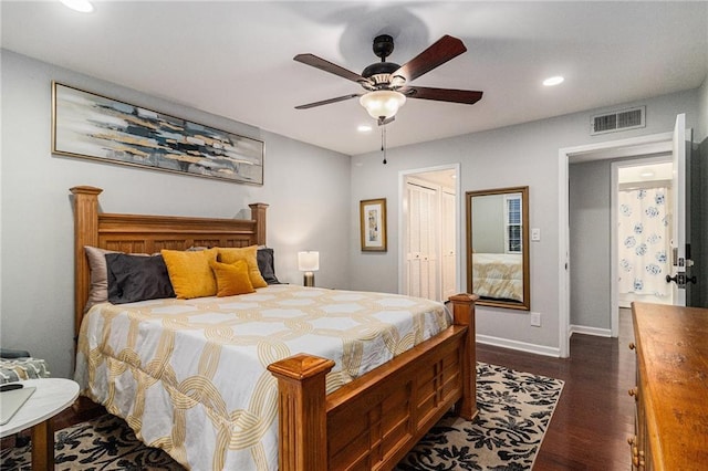 bedroom with baseboards, visible vents, recessed lighting, dark wood-type flooring, and a closet