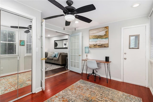 office featuring ceiling fan, baseboards, recessed lighting, french doors, and wood finished floors