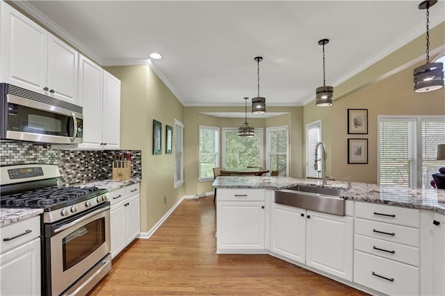 kitchen featuring stainless steel appliances, crown molding, backsplash, hanging light fixtures, and sink