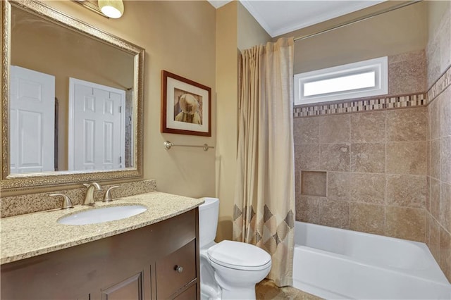 full bathroom with shower / bath combination with curtain, ornamental molding, toilet, and oversized vanity