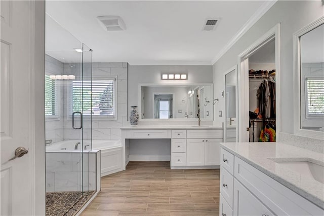 bathroom with a healthy amount of sunlight, vanity, and independent shower and bath