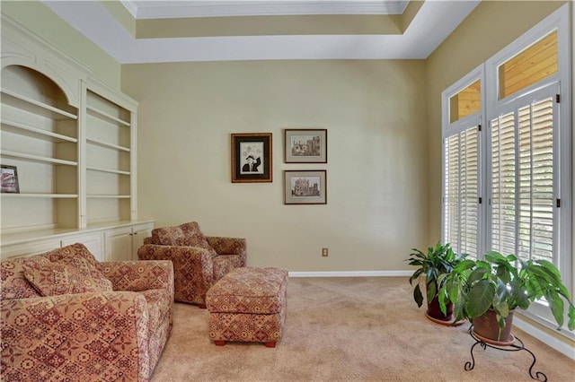 sitting room featuring crown molding, light colored carpet, and a tray ceiling