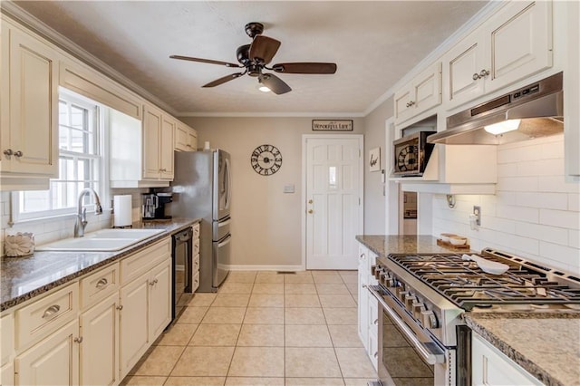 82 Cedar Blf, Winder, GA 30680 - kitchen featuring stainless steel range with gas stovetop, exhaust hood, tasteful backsplash, ceiling fan, and ornamental molding