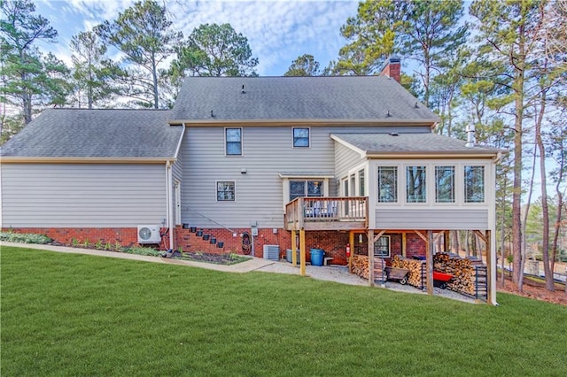 82 Cedar Blf, Winder, GA 30680 - back of property featuring a wooden deck, a lawn, a chimney, and a shingled roof