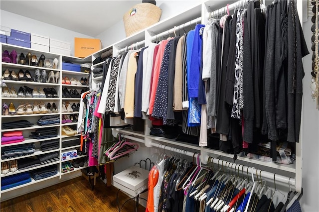 walk in closet with wood finished floors