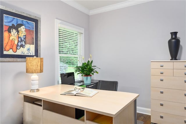 office with dark wood-type flooring, crown molding, and baseboards