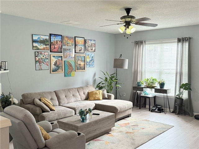 4172 Howell Park Rd, Duluth, GA 30096 - living room with a ceiling fan, a textured ceiling, and light wood-type flooring