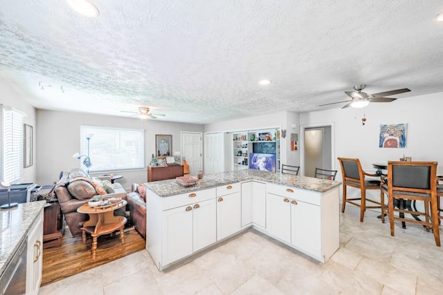 1279 Skyhaven Rd SE, Atlanta, GA 30316 - kitchen featuring ceiling fan, a textured ceiling, light stone counters, open floor plan, and white cabinetry