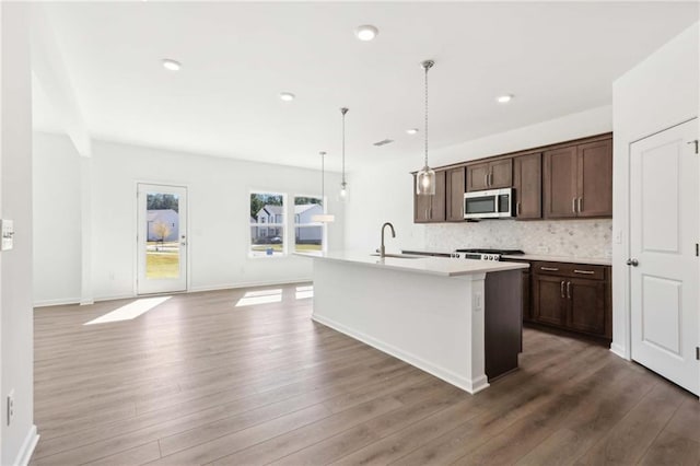 kitchen with dark brown cabinetry, sink, dark wood-type flooring, an island with sink, and decorative light fixtures