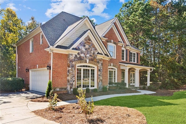 view of front of property with stone siding, french doors, brick siding, and an attached garage