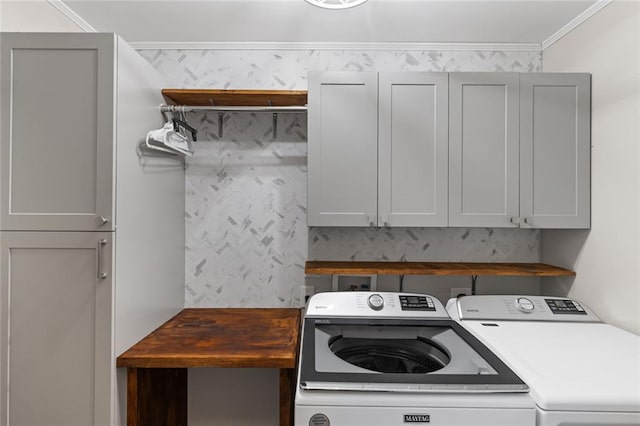 7537 Brookstone Cir, Flowery Branch, GA 30542 - laundry area featuring separate washer and dryer, cabinet space, and crown molding