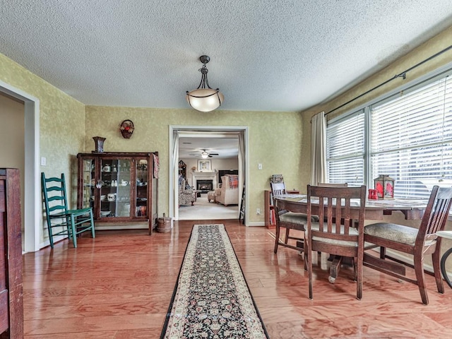 dining area featuring hardwood / wood-style flooring, a textured ceiling, and ceiling fan