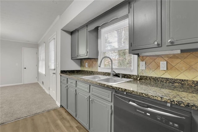 kitchen featuring dishwasher, sink, and gray cabinetry