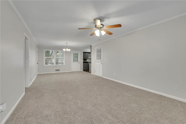 unfurnished living room with crown molding, carpet, and ceiling fan with notable chandelier