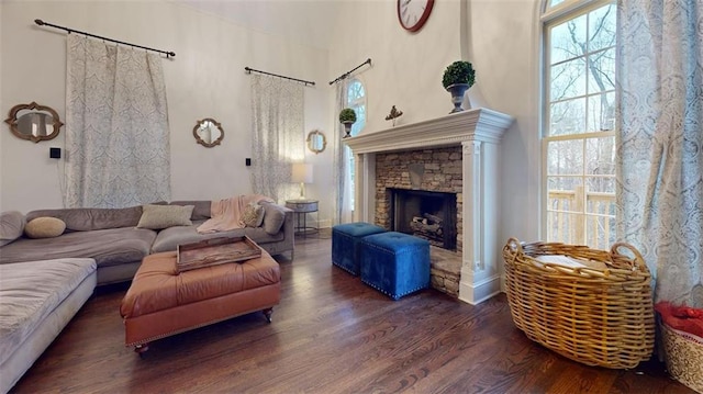 living room with dark hardwood / wood-style flooring and a stone fireplace